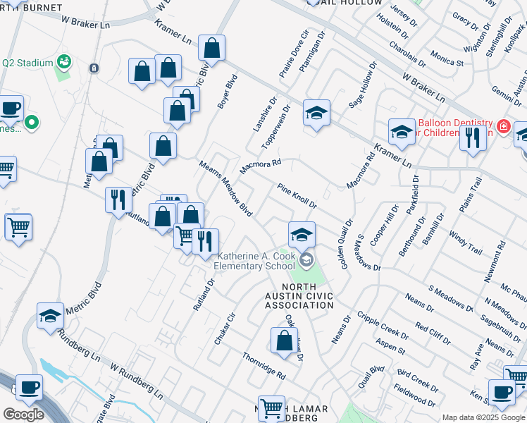map of restaurants, bars, coffee shops, grocery stores, and more near 10305 Leaning Willow Drive in Austin