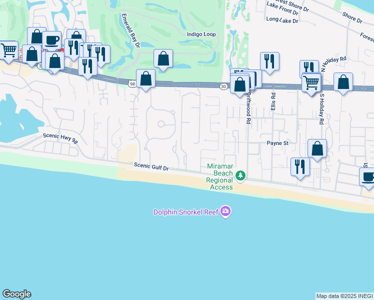 map of restaurants, bars, coffee shops, grocery stores, and more near 288 Maravilla Drive in Miramar Beach