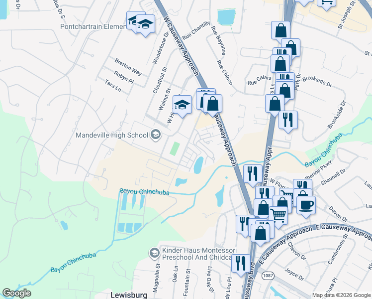 map of restaurants, bars, coffee shops, grocery stores, and more near Mandeville High Boulevard in Mandeville