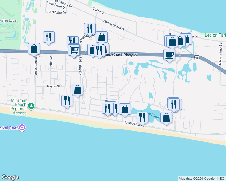 map of restaurants, bars, coffee shops, grocery stores, and more near 50 Walton Drive in Miramar Beach