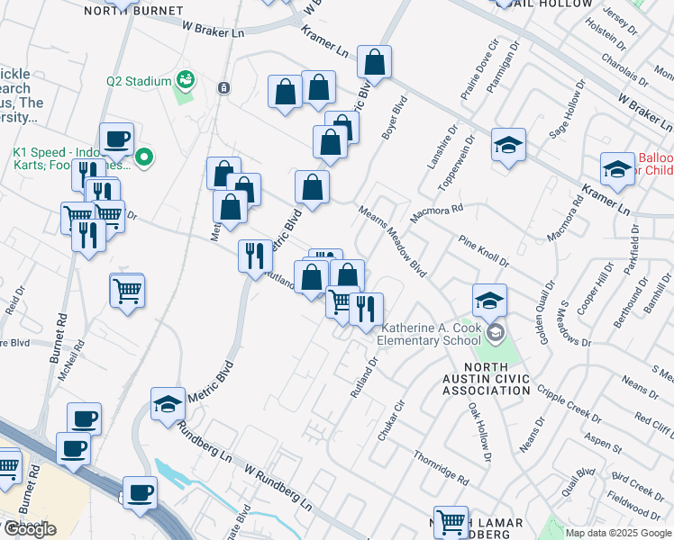 map of restaurants, bars, coffee shops, grocery stores, and more near 10300 Golden Meadow Drive in Austin