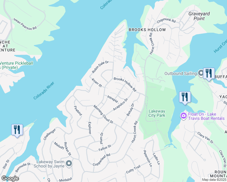 map of restaurants, bars, coffee shops, grocery stores, and more near 106 Chestnut Hill Cove in Lakeway