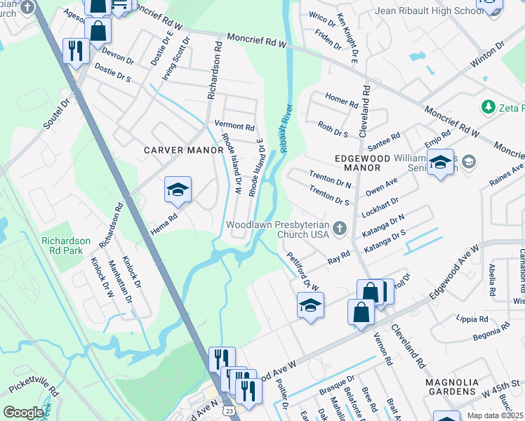 map of restaurants, bars, coffee shops, grocery stores, and more near 3156 Woodlawn Road in Jacksonville