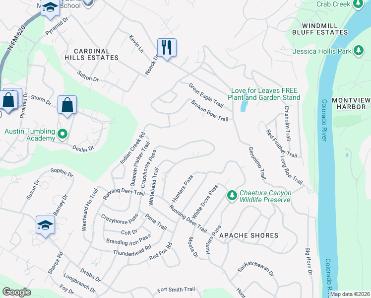 map of restaurants, bars, coffee shops, grocery stores, and more near 2503 Crazyhorse Pass in Austin