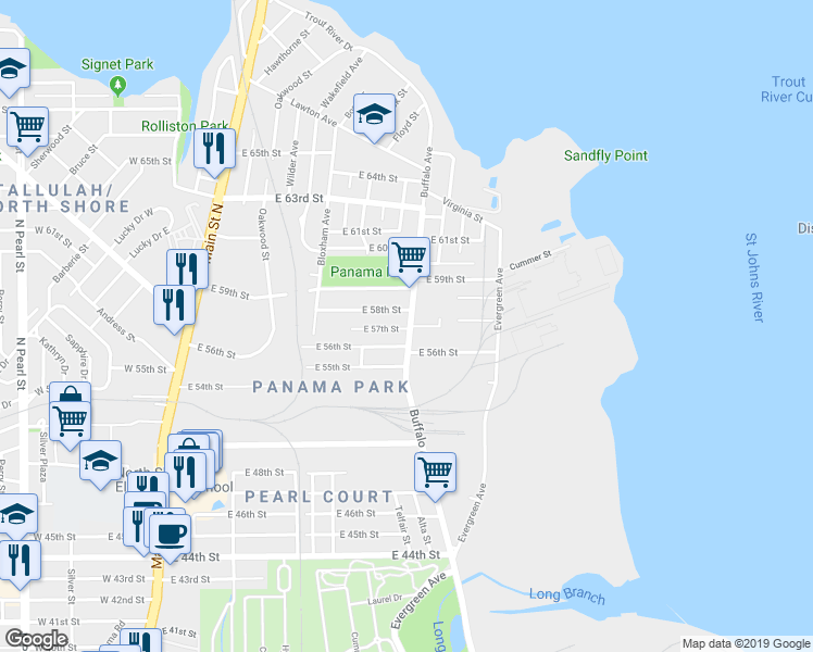 map of restaurants, bars, coffee shops, grocery stores, and more near 630 East 58th Street in Jacksonville