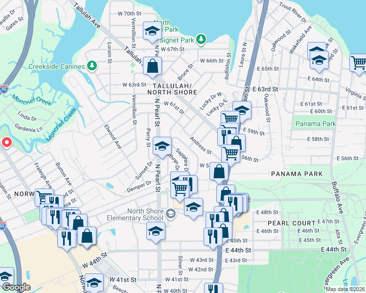 map of restaurants, bars, coffee shops, grocery stores, and more near 120 Andress Street in Jacksonville