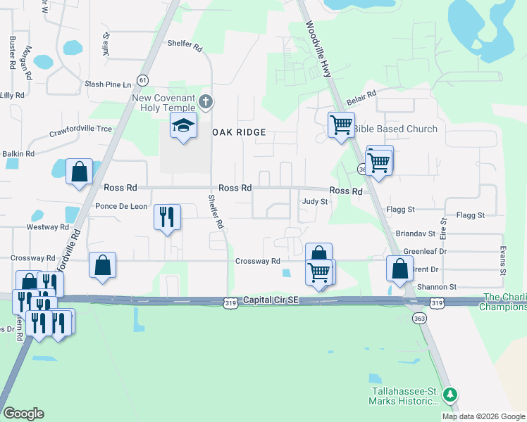 map of restaurants, bars, coffee shops, grocery stores, and more near 282 Water Oak Drive in Tallahassee