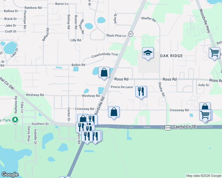 map of restaurants, bars, coffee shops, grocery stores, and more near 104 Ponce De Leon in Tallahassee