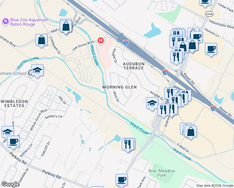 map of restaurants, bars, coffee shops, grocery stores, and more near 9929 Mint Drive in Baton Rouge