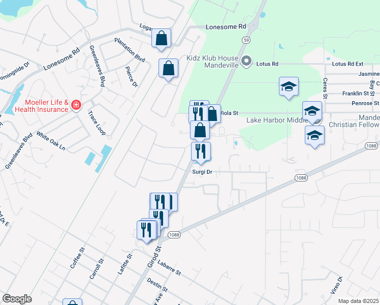 map of restaurants, bars, coffee shops, grocery stores, and more near 449 Browning Loop in Mandeville