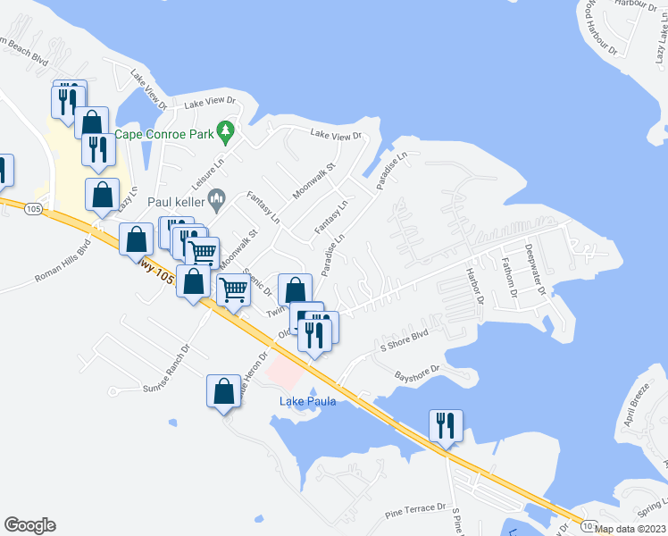 map of restaurants, bars, coffee shops, grocery stores, and more near 410 Paradise Lane in Montgomery