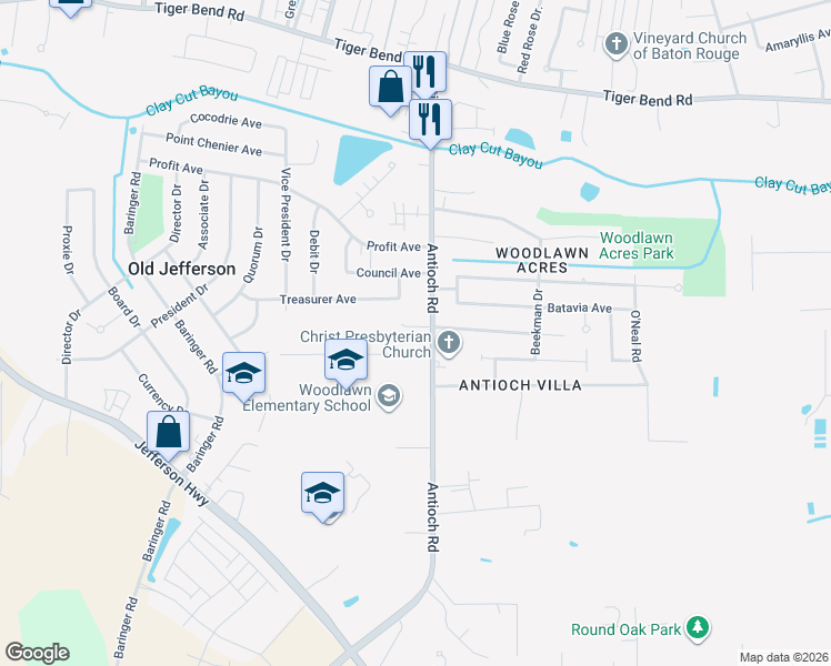 map of restaurants, bars, coffee shops, grocery stores, and more near 7770 Antioch Road in Baton Rouge