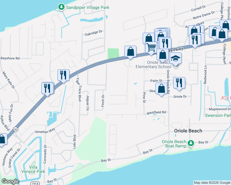 map of restaurants, bars, coffee shops, grocery stores, and more near 2881 Gulf Breeze Parkway in Gulf Breeze