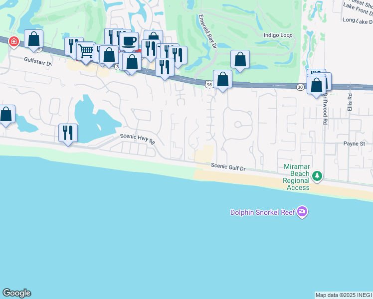 map of restaurants, bars, coffee shops, grocery stores, and more near 3695 Scenic Highway 98 in Destin