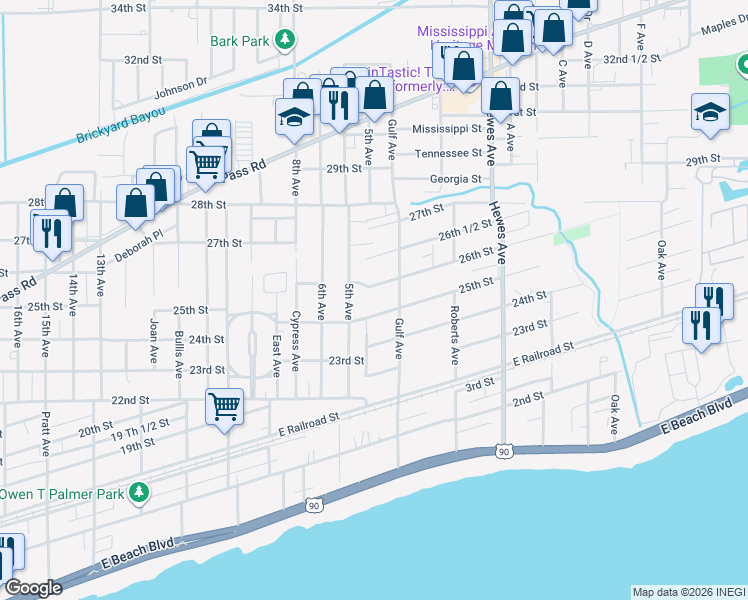 map of restaurants, bars, coffee shops, grocery stores, and more near 814 26th Street in Gulfport