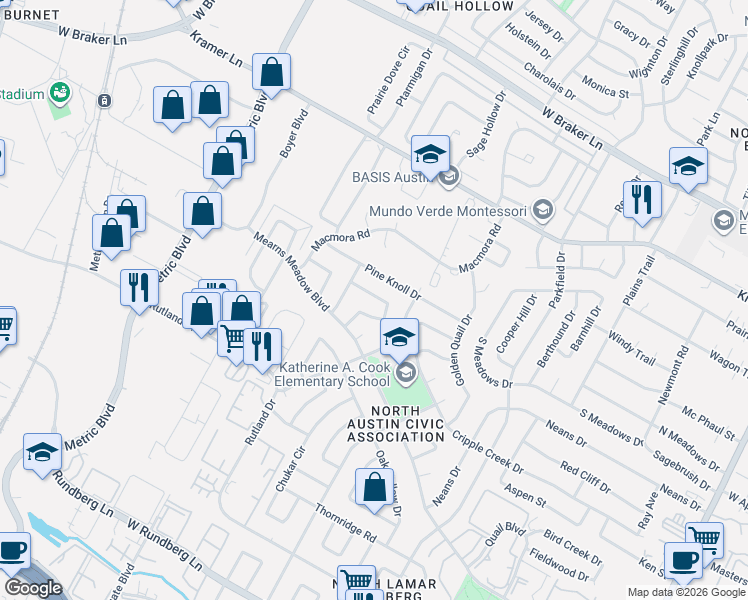map of restaurants, bars, coffee shops, grocery stores, and more near 10414 Quail Ridge Drive in Austin