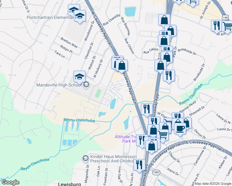 map of restaurants, bars, coffee shops, grocery stores, and more near 101 Anthony lane in Mandeville