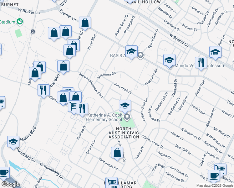 map of restaurants, bars, coffee shops, grocery stores, and more near 1619 Pine Knoll Drive in Austin