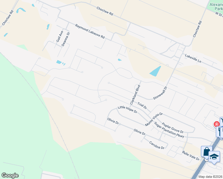 map of restaurants, bars, coffee shops, grocery stores, and more near 4679 Stonewall Drive in Addis