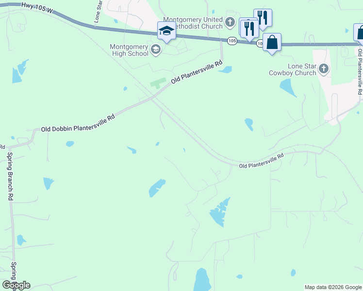 map of restaurants, bars, coffee shops, grocery stores, and more near Old Plantersville Road in Montgomery