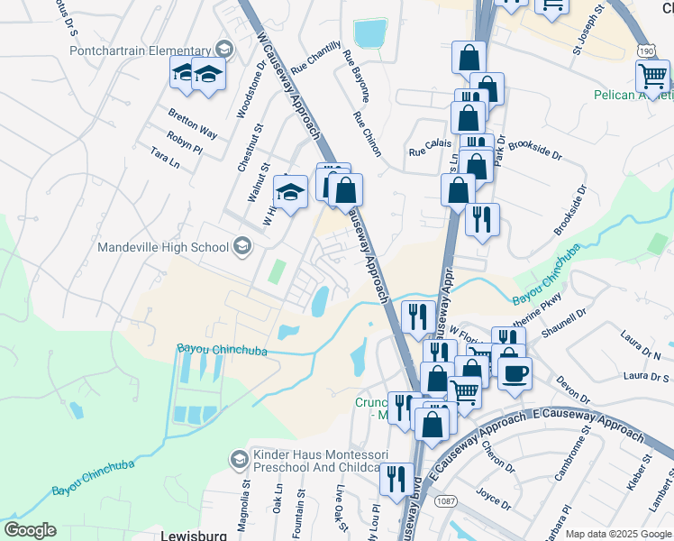 map of restaurants, bars, coffee shops, grocery stores, and more near 1213 Magnolia Alley in Mandeville