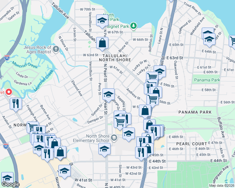 map of restaurants, bars, coffee shops, grocery stores, and more near 6642 Sunset Drive in Jacksonville