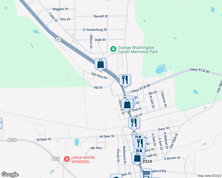 map of restaurants, bars, coffee shops, grocery stores, and more near 625 North Maple Street in Kountze