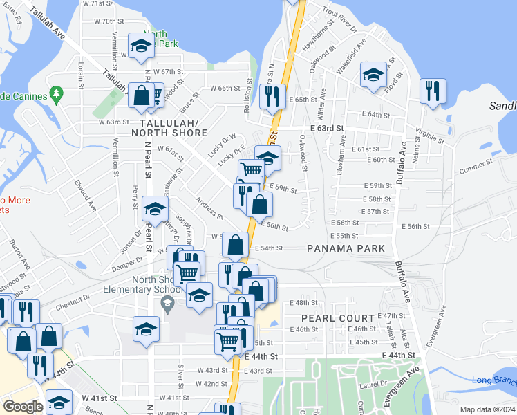 map of restaurants, bars, coffee shops, grocery stores, and more near 6707 North Main Street in Jacksonville