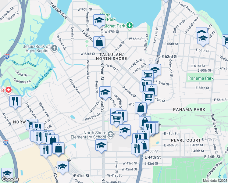 map of restaurants, bars, coffee shops, grocery stores, and more near 6642 Sunset Drive in Jacksonville