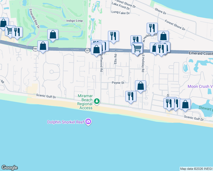 map of restaurants, bars, coffee shops, grocery stores, and more near 241 Ellis Road in Miramar Beach