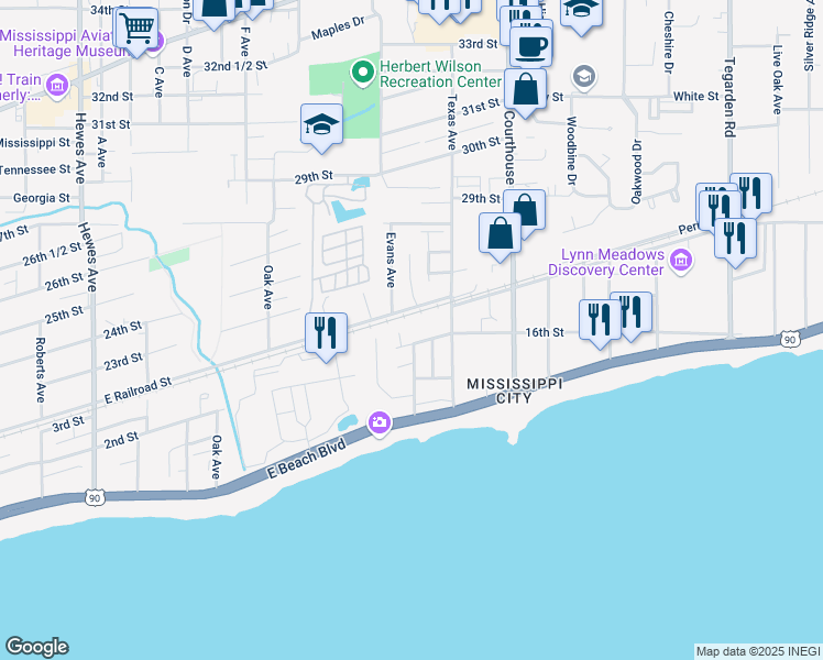 map of restaurants, bars, coffee shops, grocery stores, and more near 1-31 East Railroad Street in Gulfport