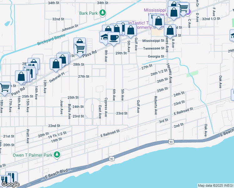 map of restaurants, bars, coffee shops, grocery stores, and more near 2523 6th Avenue in Gulfport