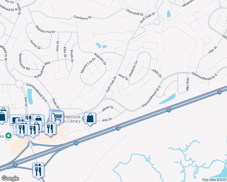 map of restaurants, bars, coffee shops, grocery stores, and more near 205-A Golf Club Drive in Diamondhead