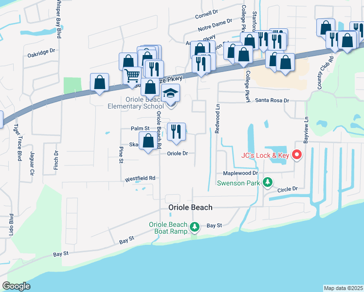 map of restaurants, bars, coffee shops, grocery stores, and more near 3124 Oriole Drive in Gulf Breeze