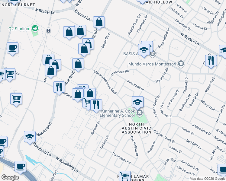 map of restaurants, bars, coffee shops, grocery stores, and more near Mearns Meadow Blvd & Robinwood Cir in Austin