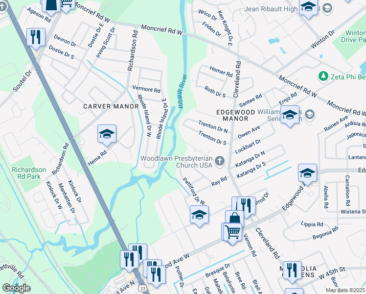 map of restaurants, bars, coffee shops, grocery stores, and more near 3156 Woodlawn Road in Jacksonville