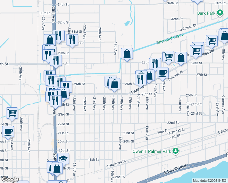 map of restaurants, bars, coffee shops, grocery stores, and more near 1864 Pass Road in Gulfport