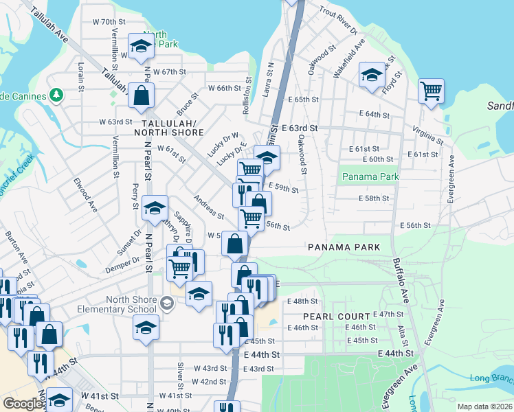 map of restaurants, bars, coffee shops, grocery stores, and more near 6703 Main Street North in Jacksonville