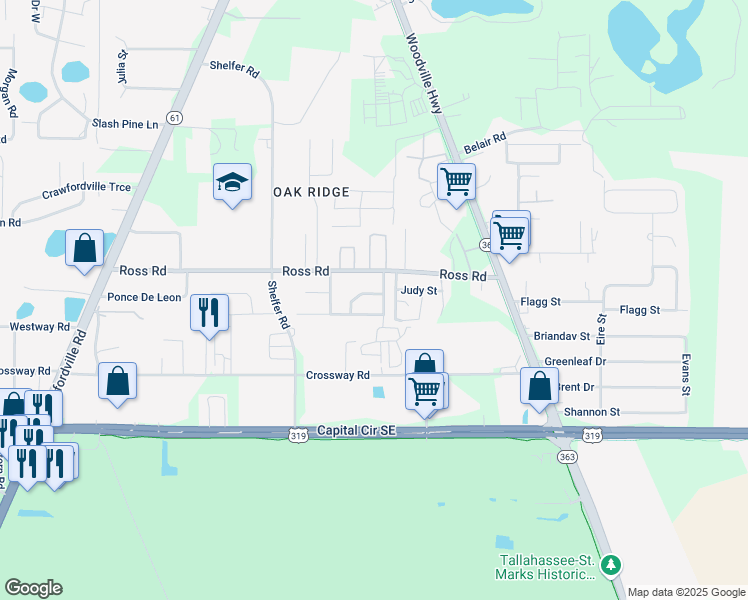 map of restaurants, bars, coffee shops, grocery stores, and more near 4609 Tall Oak Drive in Tallahassee