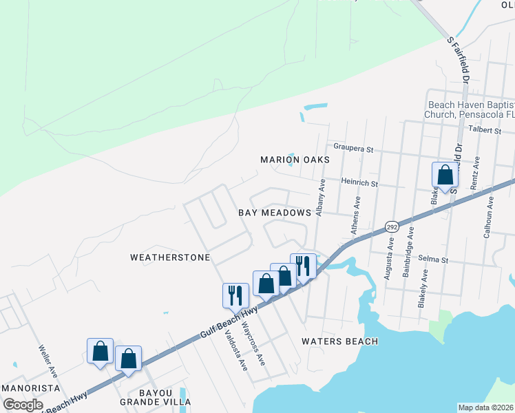 map of restaurants, bars, coffee shops, grocery stores, and more near 7750 Grundy Street in Pensacola