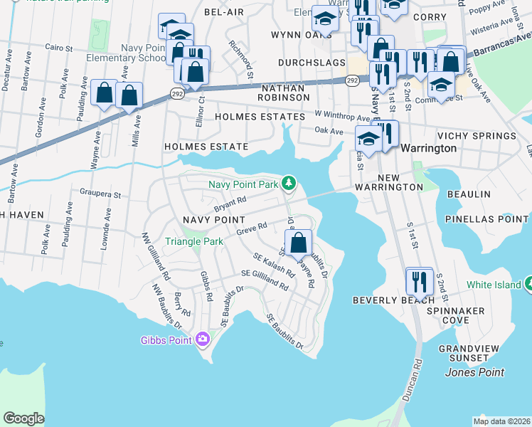 map of restaurants, bars, coffee shops, grocery stores, and more near 212 West Sunset Avenue in Pensacola