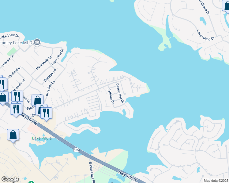 map of restaurants, bars, coffee shops, grocery stores, and more near 17453 Shadywater Drive in Montgomery