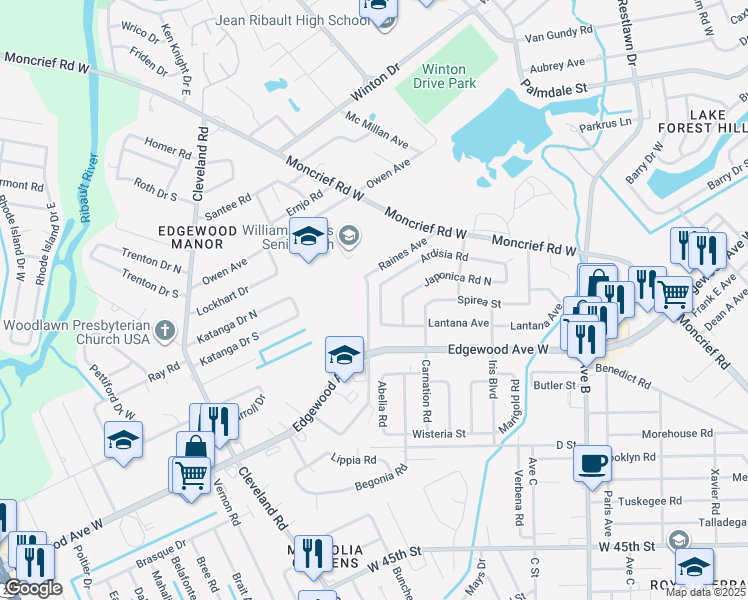 map of restaurants, bars, coffee shops, grocery stores, and more near 6132 West Ardisia Road in Jacksonville