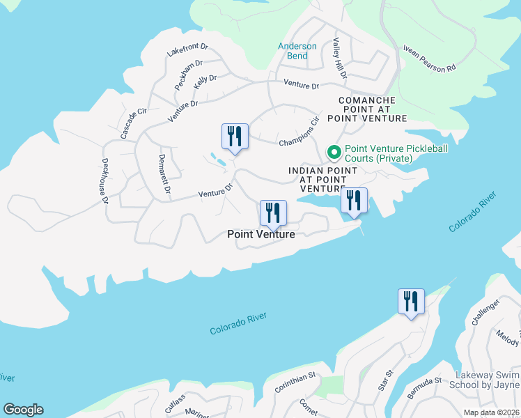 map of restaurants, bars, coffee shops, grocery stores, and more near 18400 Lakeland Drive in Lago Vista