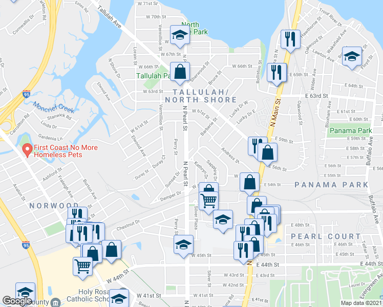 map of restaurants, bars, coffee shops, grocery stores, and more near 6669 Sunset Drive in Jacksonville