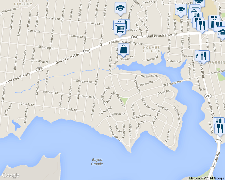 map of restaurants, bars, coffee shops, grocery stores, and more near 220 Northwest Gilliland Road in Pensacola