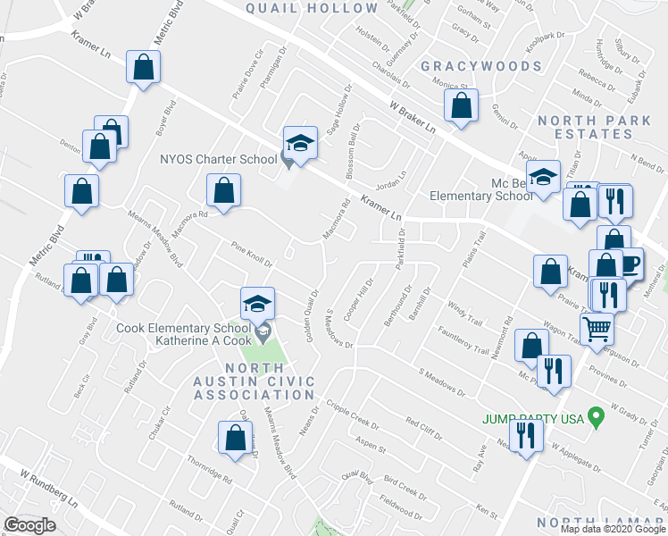 map of restaurants, bars, coffee shops, grocery stores, and more near 1405a Click Cove in Austin