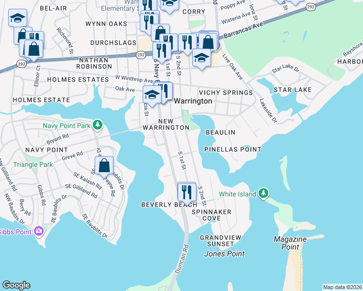 map of restaurants, bars, coffee shops, grocery stores, and more near 422 South 1st Street in Pensacola