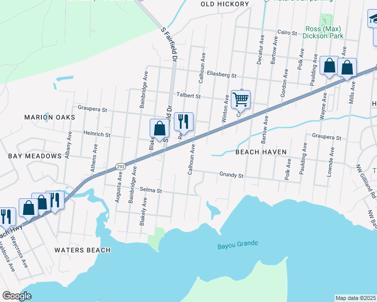 map of restaurants, bars, coffee shops, grocery stores, and more near 577 Calhoun Avenue in Pensacola