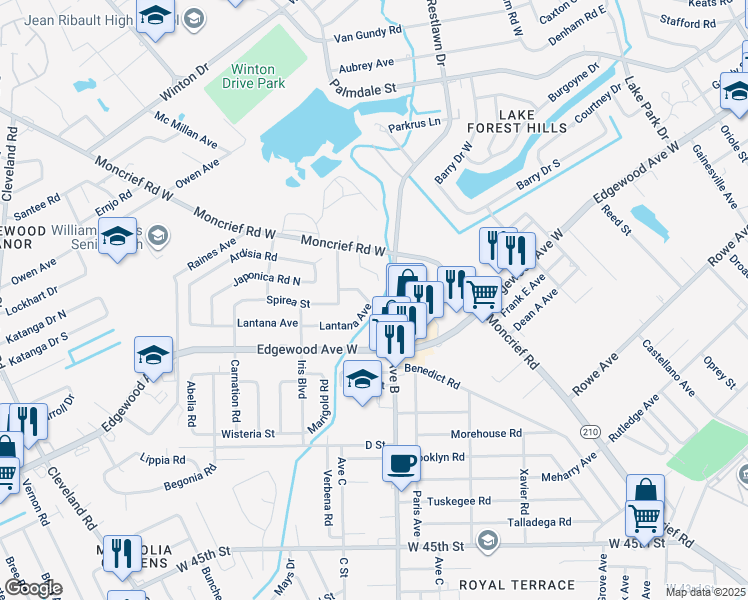 map of restaurants, bars, coffee shops, grocery stores, and more near 2350 Lantana Avenue in Jacksonville